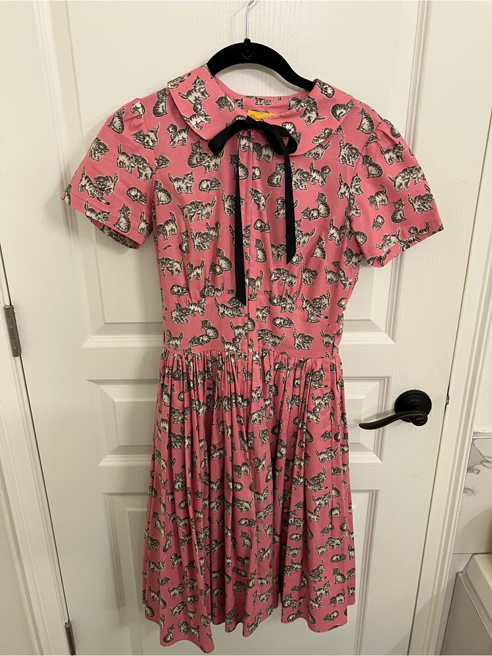 Bernie Dexter Pink Cat Print Midi Dress with Black Bow